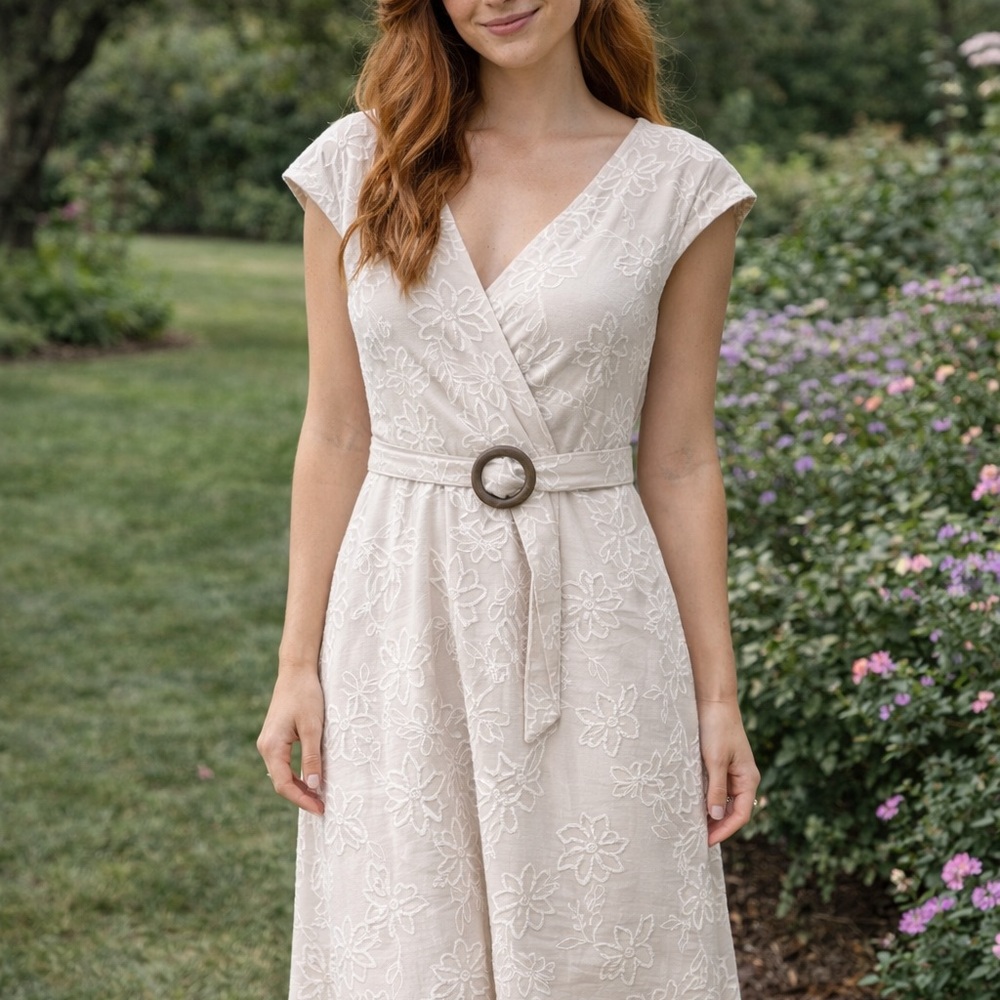 Elegant Cream Floral Embroidered Wrap Dress with Belt